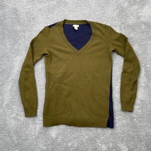 J Crew Sweater Womens Extra Small Green Colorblock Merino Wool Blend Knit V Neck